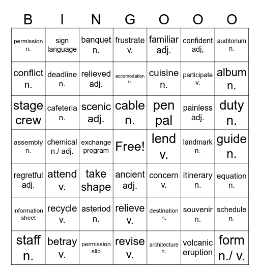 ASA Vocab. Review Bingo Card