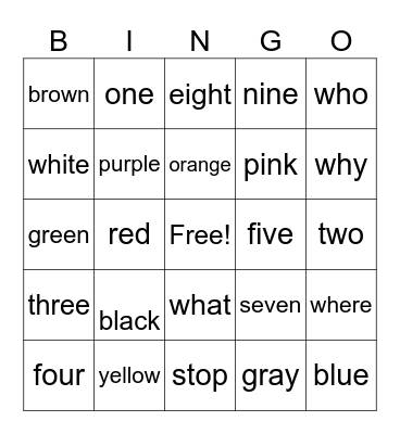 color/number Bingo Card