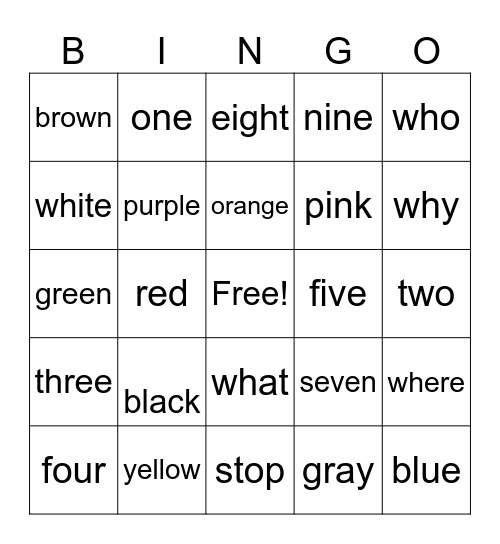 color/number Bingo Card