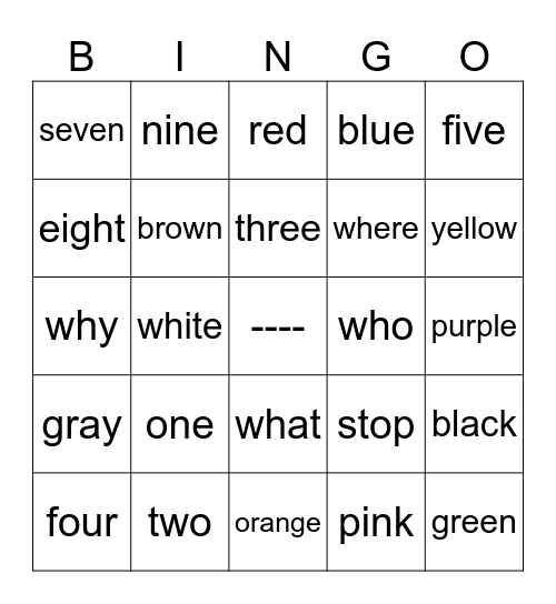 color/number/questions Bingo Card
