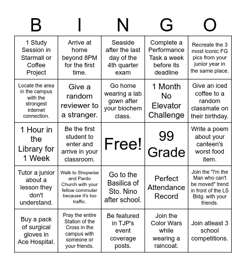 USJ-R Last Year Challenge Bingo Card