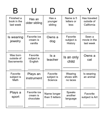 Buddy Bingo Card
