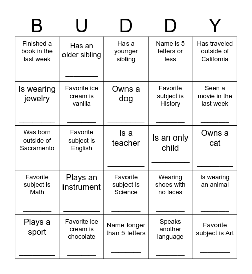 Buddy Bingo Card