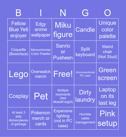 PEG Gaming Setup Bingo Card