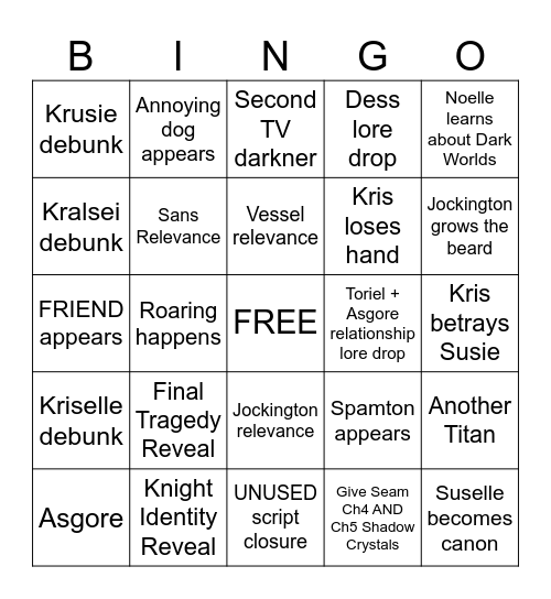 Deltarune Chapter 5 Bingo Card
