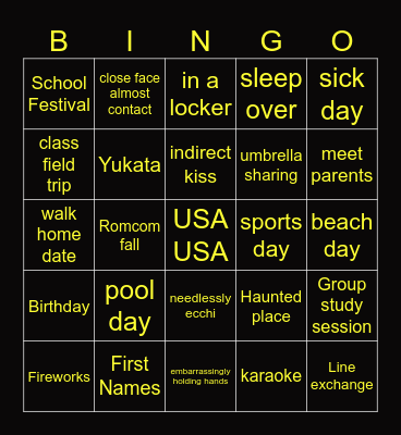Anime Romcom Board Bingo Card