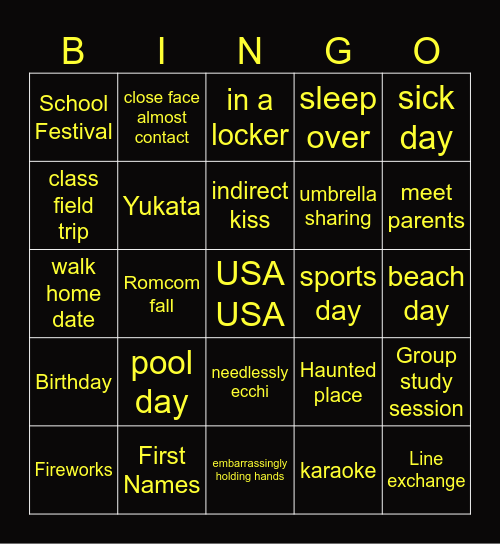 Anime Romcom Board Bingo Card