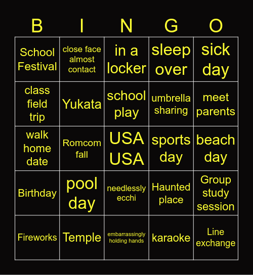 Anime Romcom Board Bingo Card