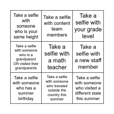Selfie Bingo Card