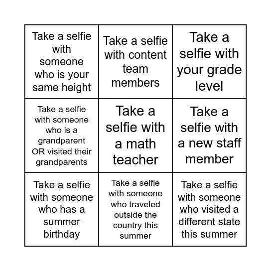 Selfie Bingo Card