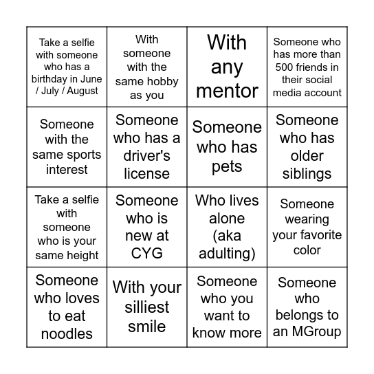 CYG Selfie Bingo Edition Bingo Card