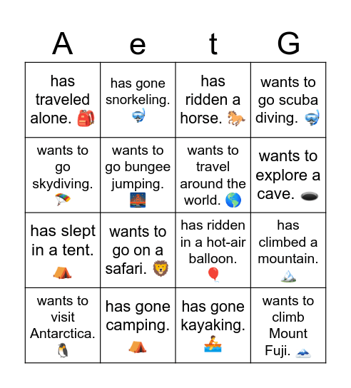 Have you ever/Do you want to..? Bingo Card
