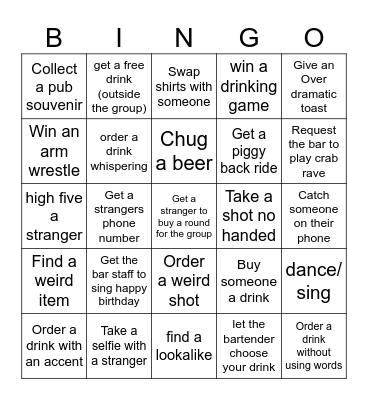 Pub crawl Bingo Card