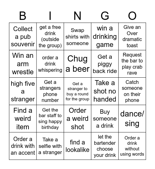 Pub crawl Bingo Card