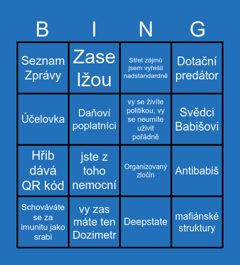 Mimořádná schůze Sněmovny ke střetu zájmů a Agrofertu Bingo Card