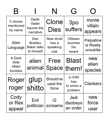 Clone Wars Bingo Card
