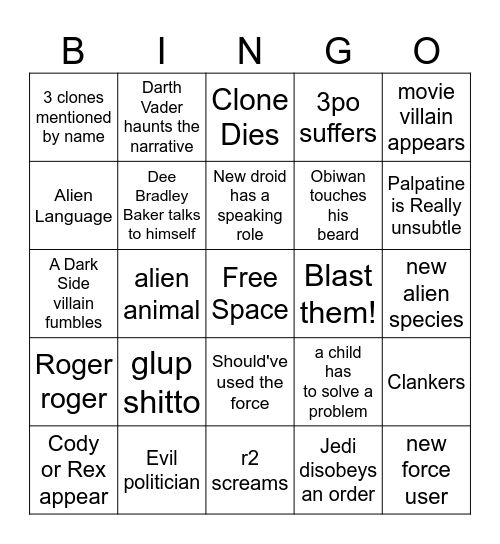 Clone Wars Bingo Card