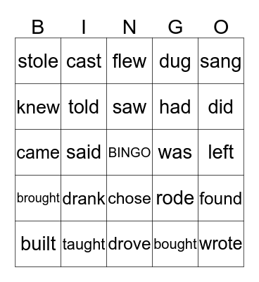 Irregular Past Tense Bingo Card