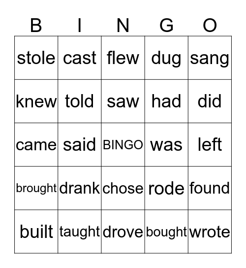 Irregular Past Tense Bingo Card
