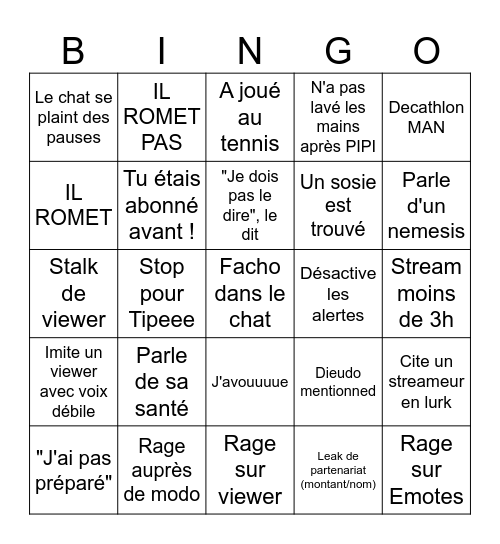 Bingo Pantoufl Bingo Card