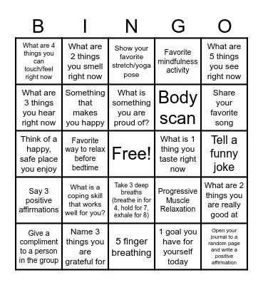 Mindfulness BINGO Card