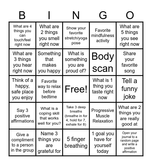 Mindfulness BINGO Card