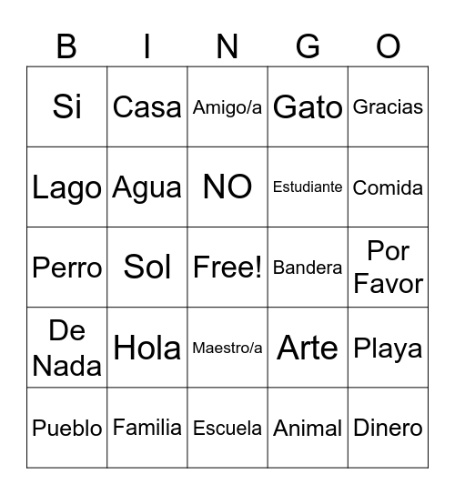 Spanish Bingo Card