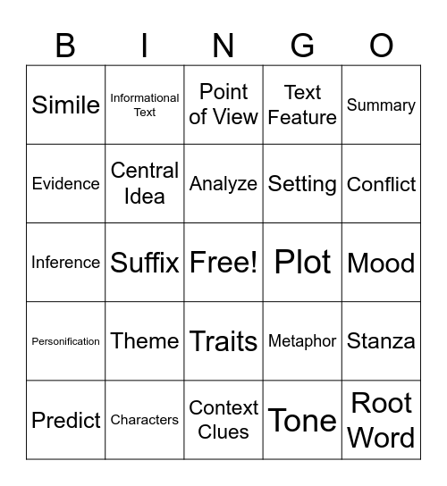 ELA VOCAB Bingo Card