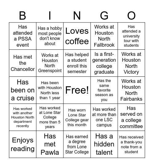 PSSA HUMAN BINGO Card