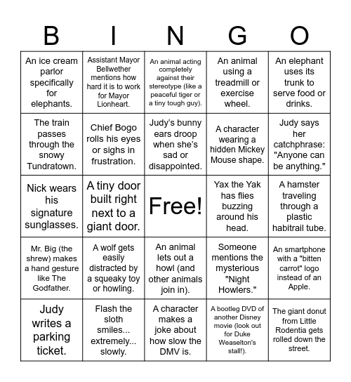 Zootopia Bingo Card