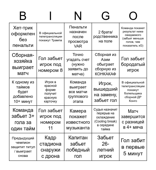 FIFA World Cup 2026 Bingo 🇲🇽🇺🇸🇨🇦 Bingo Card