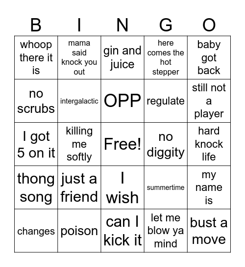 90's hip hop Bingo Card