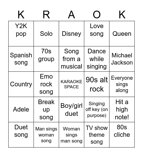 KARAOKE BINGO Card