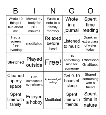 Healthy ME Bingo Card