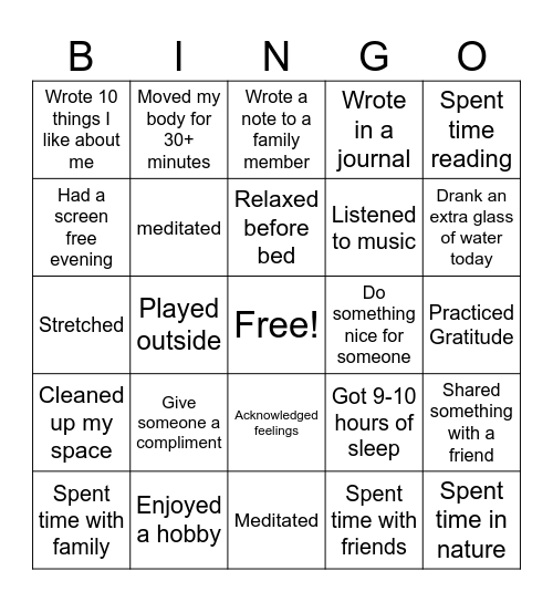 Healthy ME Bingo Card