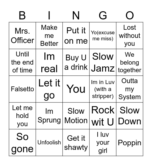 2000's Throwback R&B Bingo Card