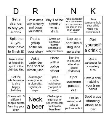 Isobel & Connor's 21st Pub Bingo Card