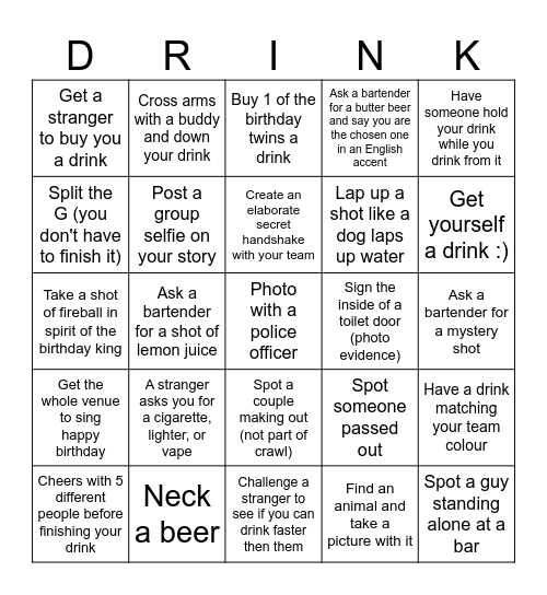 Isobel & Connor's 21st Pub Bingo Card