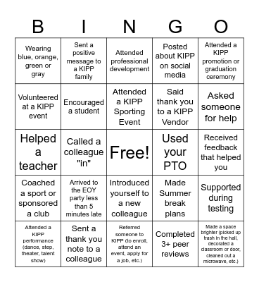 Kick it With KIPP EOY Bingo Card