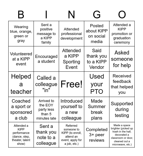 Kick it With KIPP EOY Bingo Card