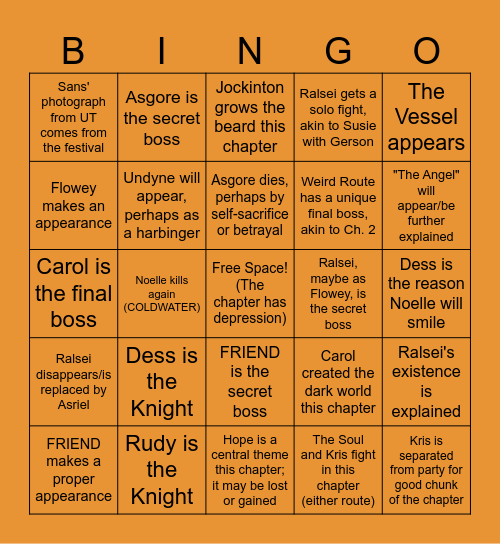 Deltarune Chapter 5 Predictions Bingo Card