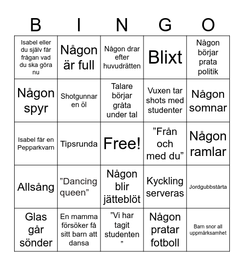 Isabels student Bingo Card