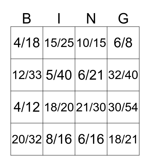 Simplifying Fractions Bingo Card