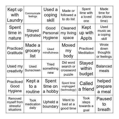 Self Care Bingo Card