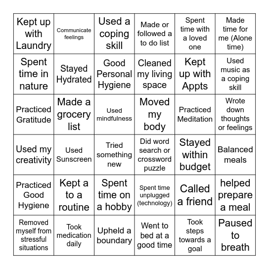 Self Care Bingo Card