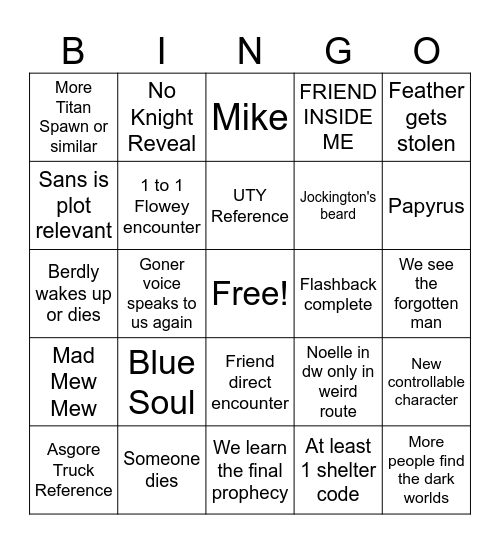 Deltarune chapter 5 Bingo Card