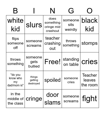 School crashouts Bingo Card