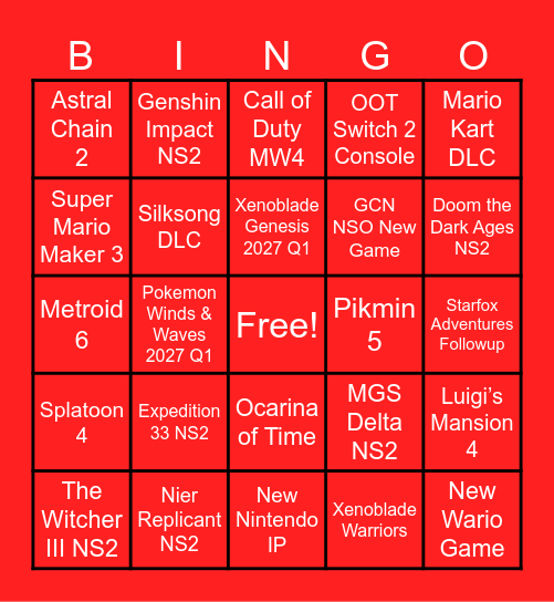 Nintendo Direct Bingo Card