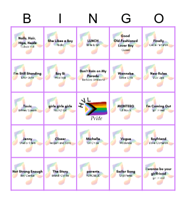 Very Gay Songs Bingo Card