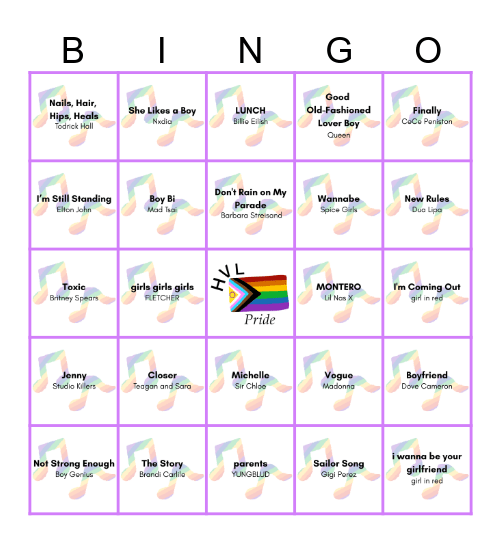Very Gay Songs Bingo Card